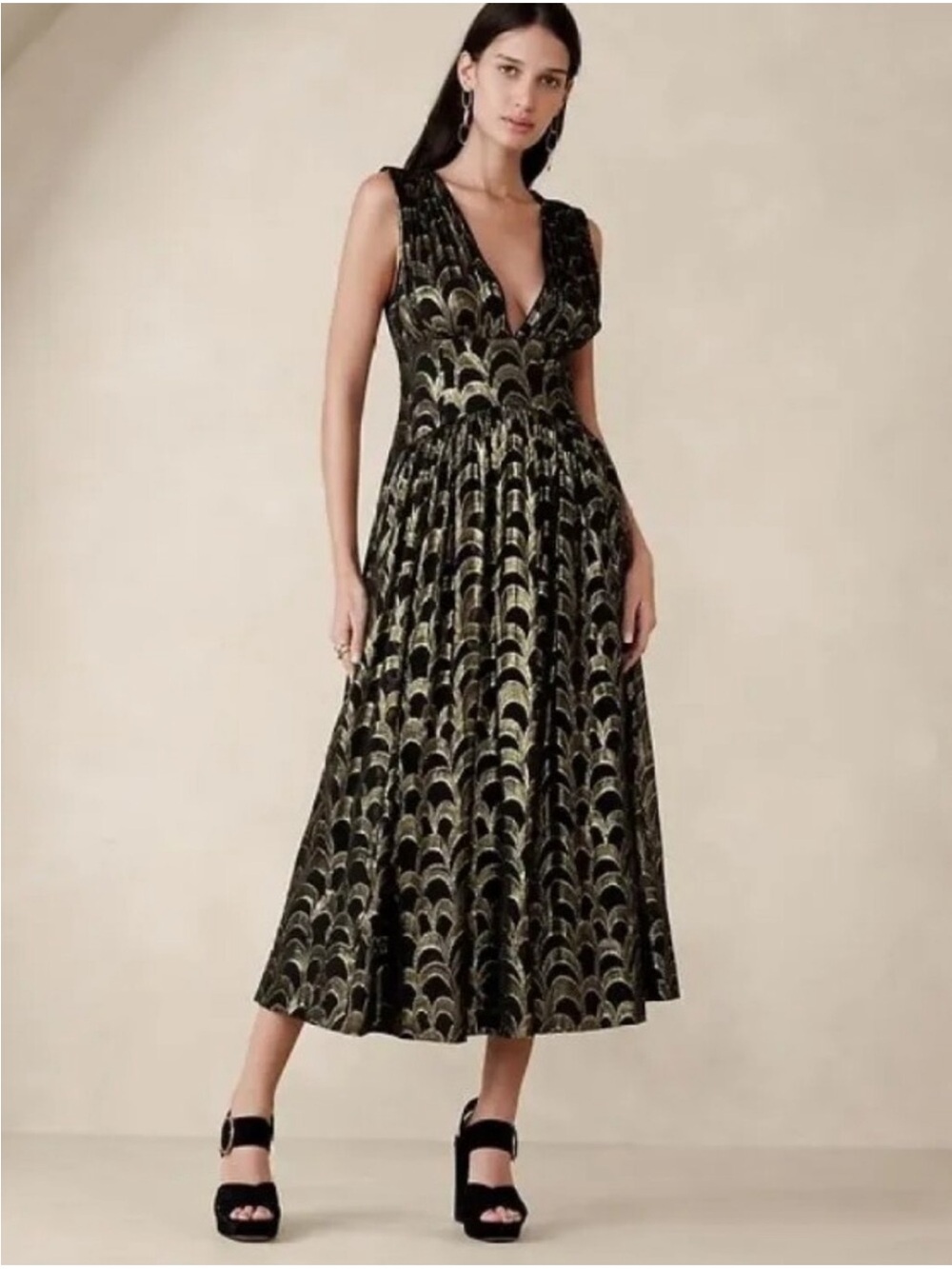Banana Republic Silk Black & Gold Metallic Jacquard Midi Dress Size 4